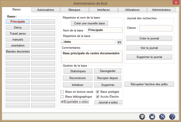 Aper&ccedil;u du menu admin de BCDI